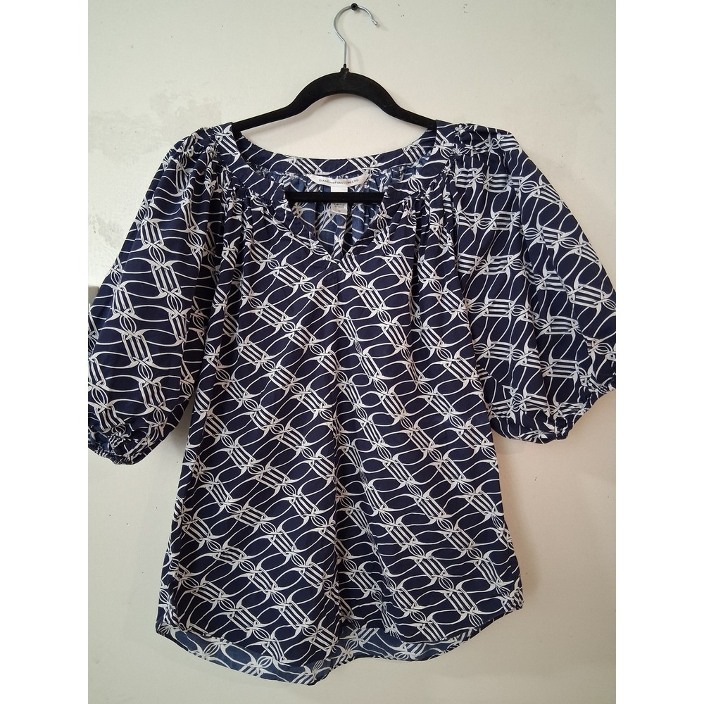Diane von Furstenberg Navy White Geometric Link Puff Sleeve Cotton Blouse 10